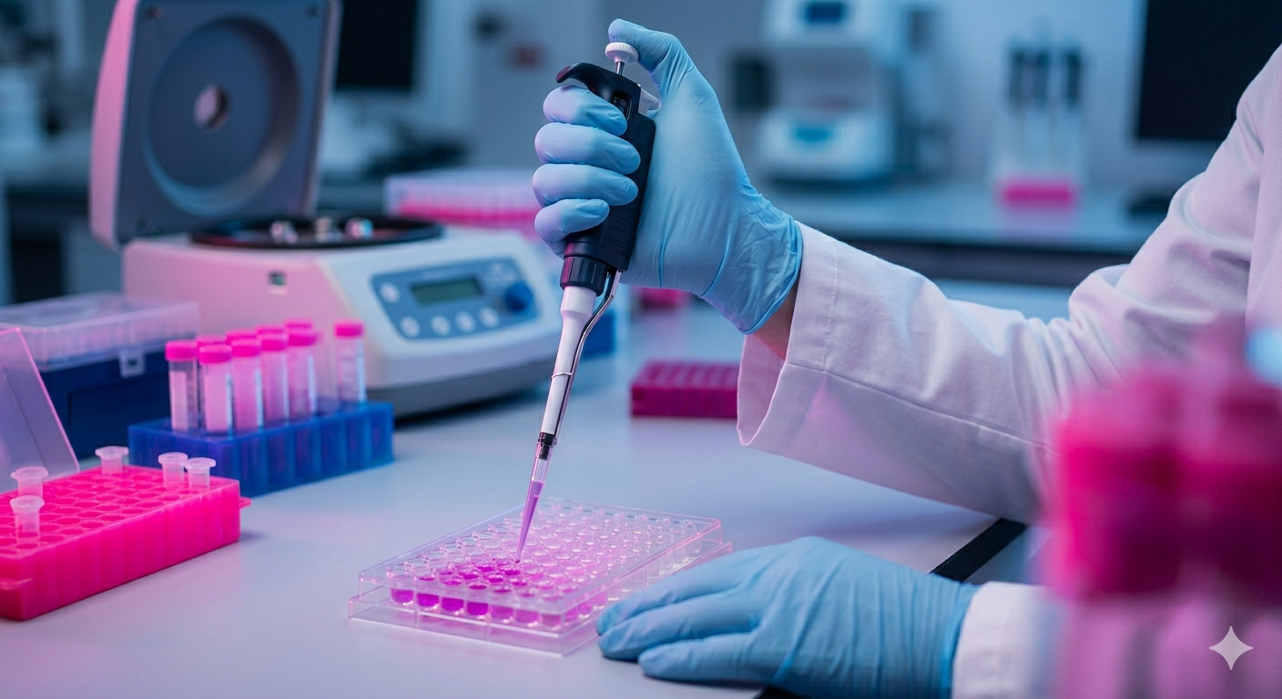 Scientist pipetting samples into a microplate in the lab