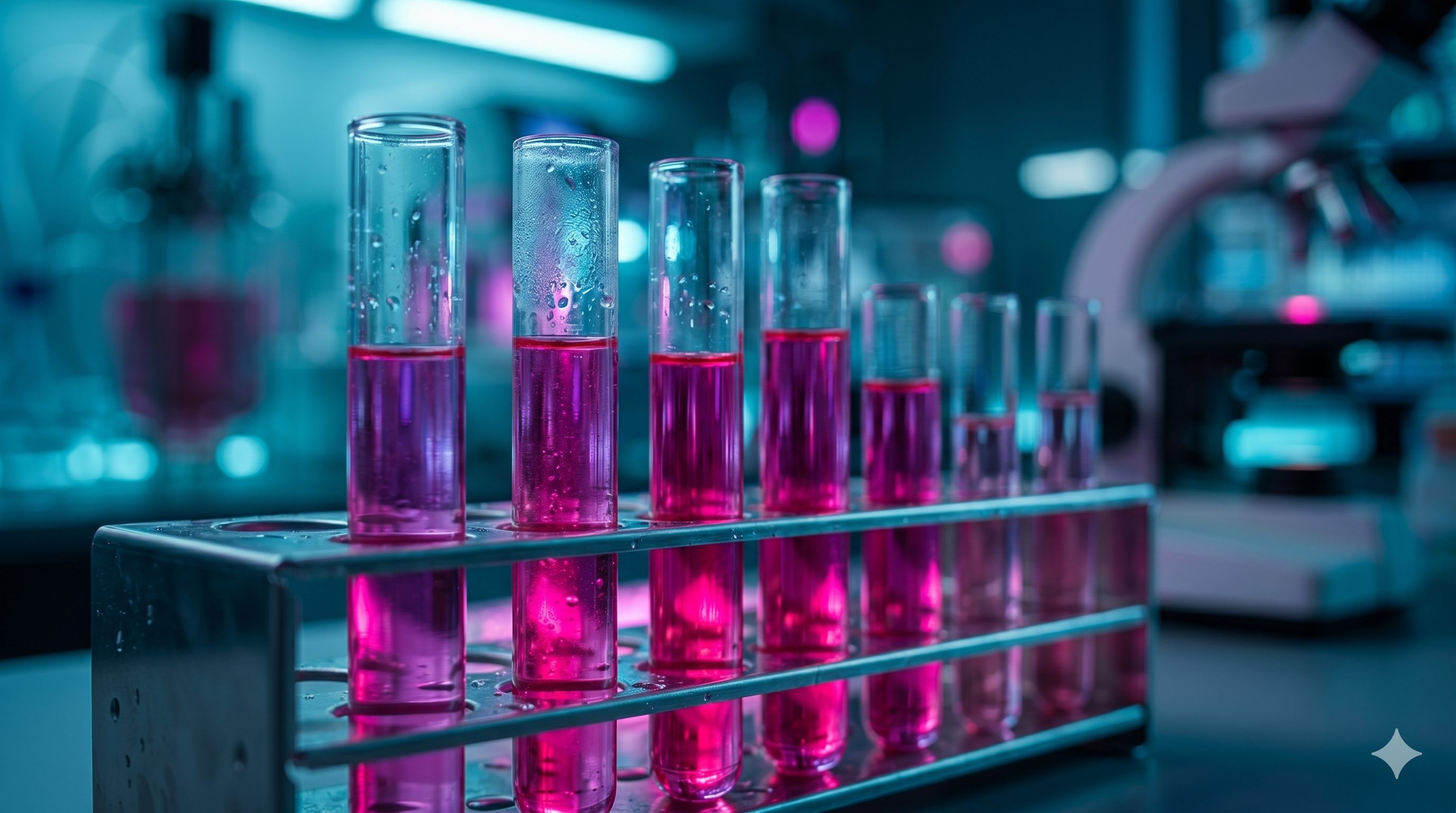 Test tubes with pink samples in a laboratory rack